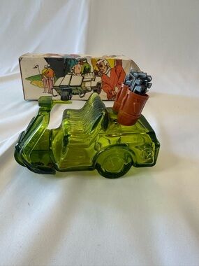 Avon Green Glass Golf Cart with Brown Golf Bag